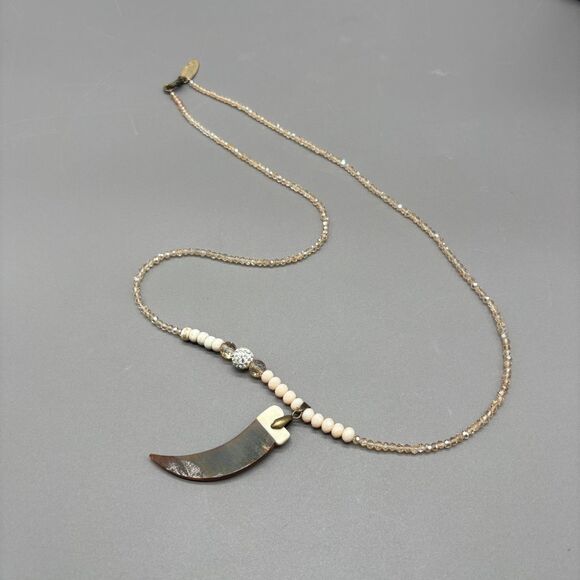 Lenora Dame Horn & Bone Claw Pendant Necklace Faceted Pink Glass Beads 18KGP USA - Picture 2 of 13